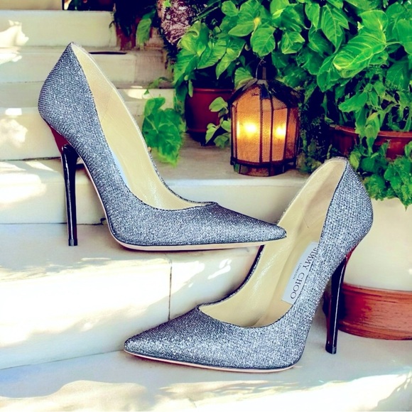 JIMMY CHOO Abel 100mm Pumps in Anthracite Silver Glitter Metallic 34.5 - Picture 3 of 13